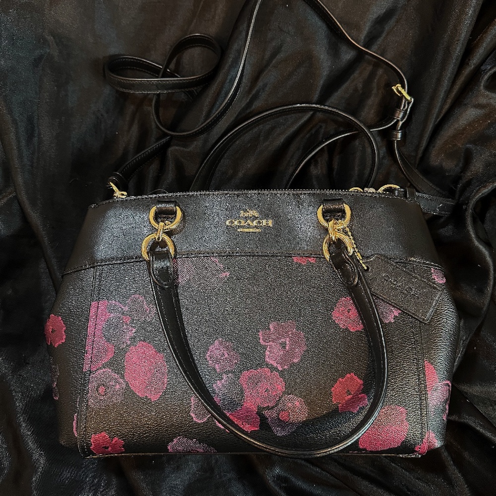 NEW Black Coach Pink Floral Brooke Carryall Purse with Crossbody Strap